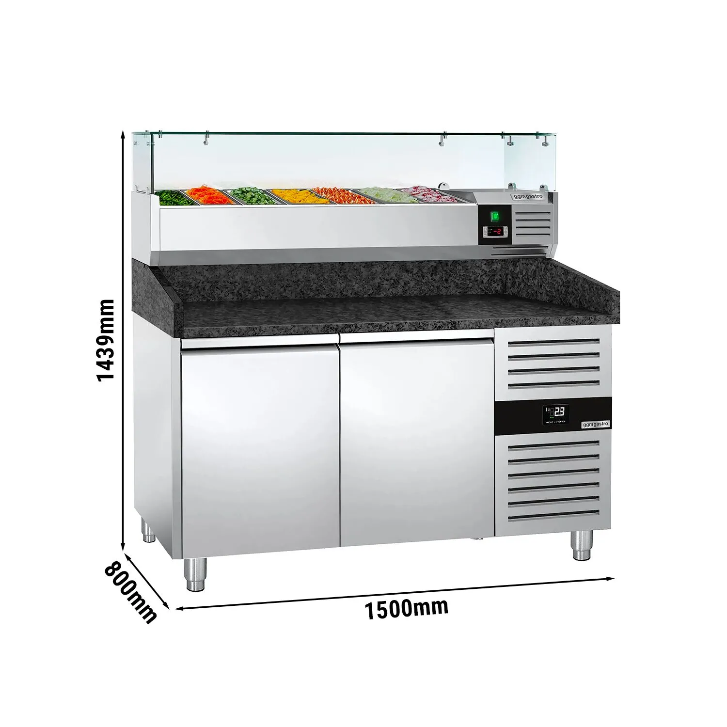 Холодильный стол для пиццы со стекл.витриной PREMIUM -1,5 x 0,8 m GGM Gastro POS158SG#AGG154ND