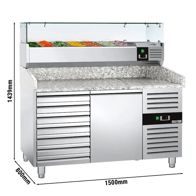 Холодильный стол для пиццы с настольной витриной PREMIUM - 1.5 x 0.8 m 190 л GGM Gastro POS158SND#AGG153ND