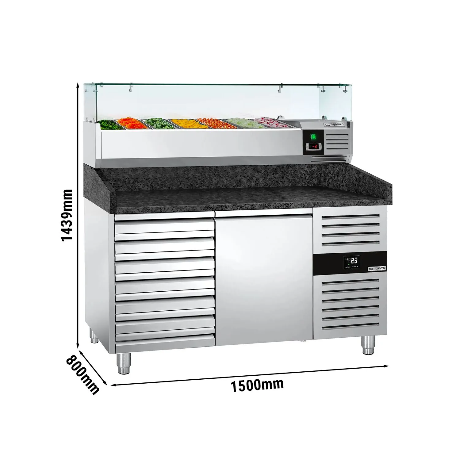 Холодильный стол для пиццы со стекл.витриной PREMIUM - 1,5 x 0,8 m 190 л GGM Gastro POS158SSG#AGG154ND