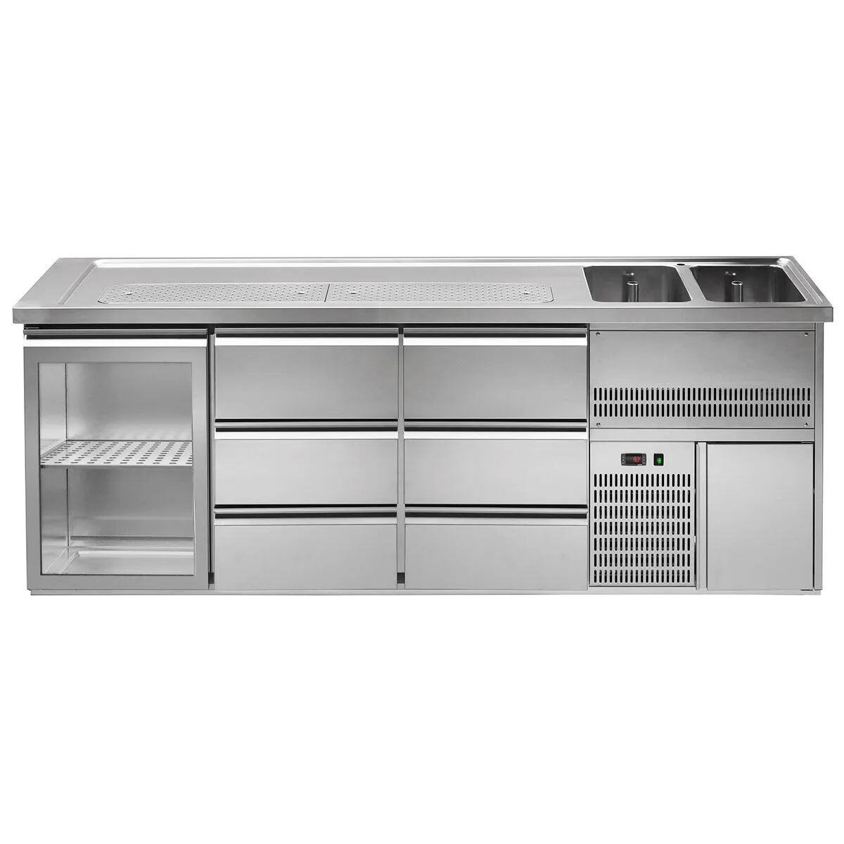 Пивной прилавок 2,5 x 0,7 м  (1 стекл. дверца / 6 выдвиж.секции / 2 раковины) GGM Gastro BRA257N#GTA#2#SBA1313